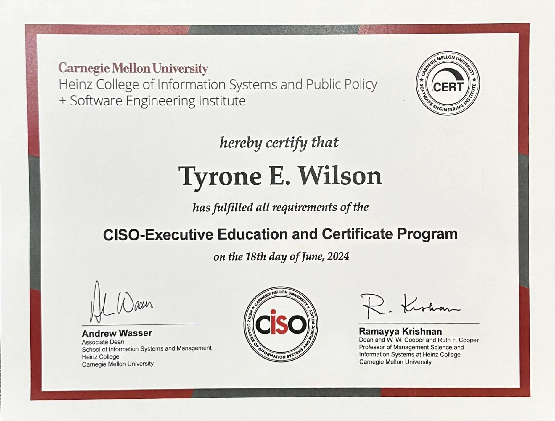 Tyrone Wilson CISO certification credential