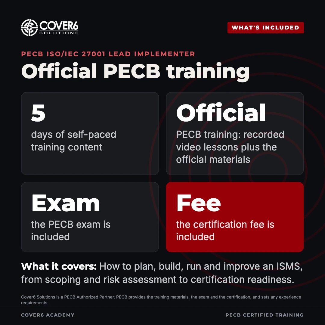 PECB ISO/IEC 27001 Lead Implementer: What's included. Official PECB training.